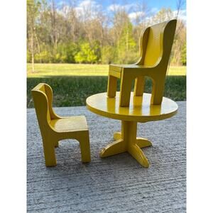 Vintage Dollhouse Kitchen Table and 2 Chairs Yellow Wooden